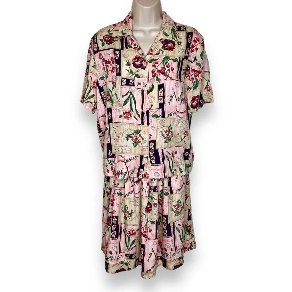 Vintage Pendleton Short Sleeve Camp Shirt Elastic Skirt Set Floral Rayon Women 6